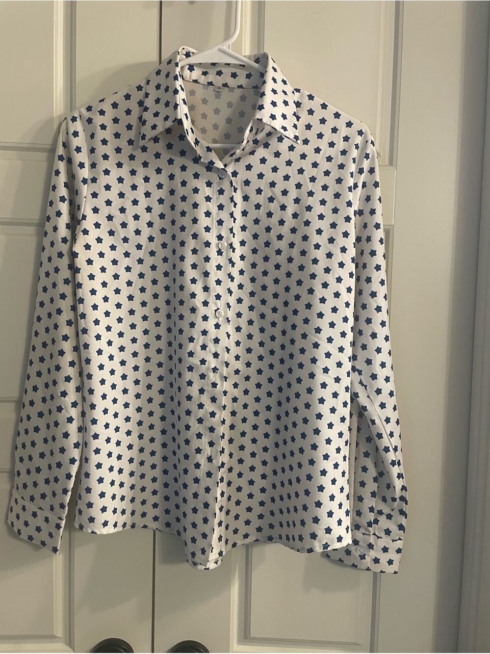 Women’s White Button-Up Shirt with Navy Star Pattern